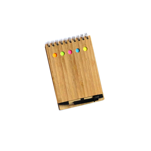 libreta de bambu con lapicero pequeño y post it