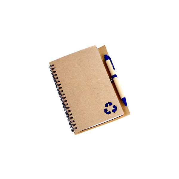 libreta ecológica con lapicero y simbolo de reciclado